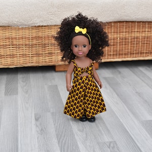 Black Doll in African Print Dress - Black Curly Hair doll - African Doll - Black Baby doll - African doll