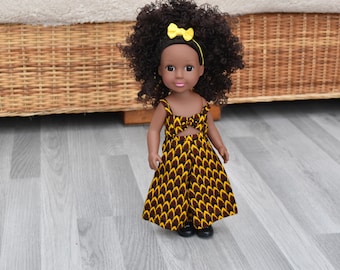 Black Doll in African Print Dress - Black Curly Hair doll - African Doll - Black Baby doll - African doll