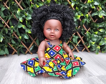African doll, Black Doll in African Print Dress - Black Curly Hair doll - African Doll - Black Baby doll -