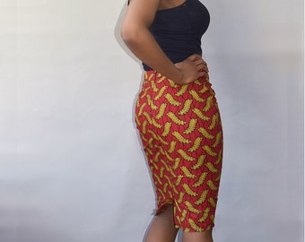 Falda lápiz con estampado africano, falda lápiz Ankara, falda lápiz roja, falda con estampado africano, falda midi roja