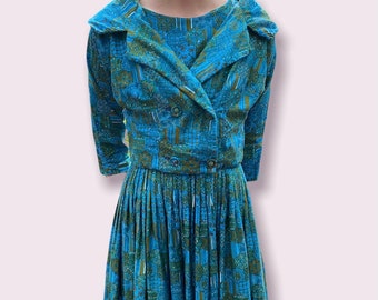 Vintage Turquoise Print 50’s Dress with Matching Jacket by Jerell Jr New York.