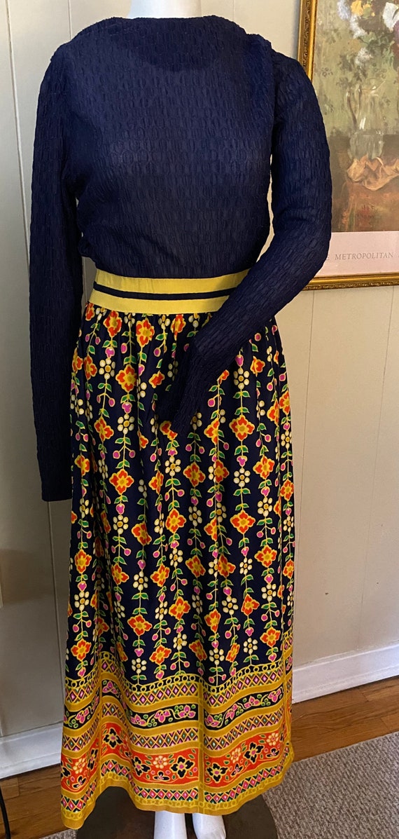 Funky Vintage 70s Navy Lace & Floral Long Maxi Dre