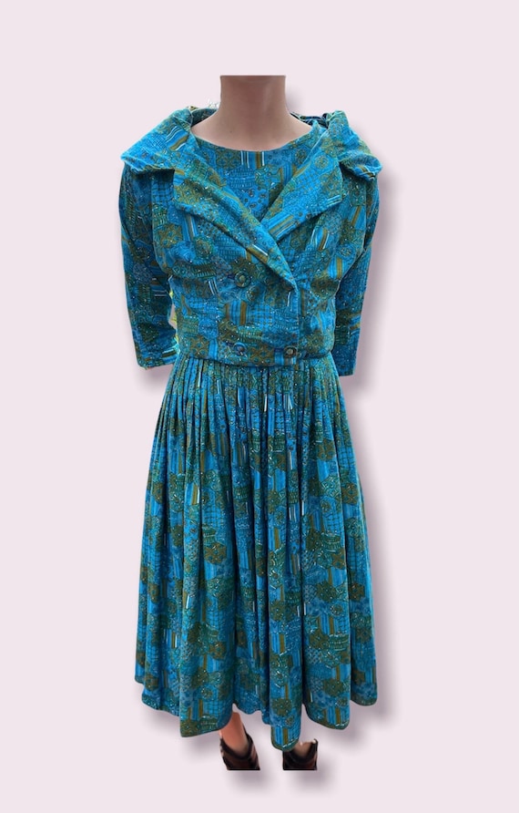 Vintage Turquoise Print 50’s Dress with Matching J