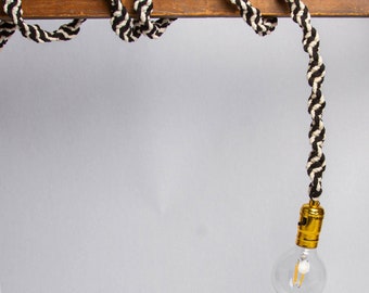 Macrame Pendant Light, Cotton Chord Hanging Lamp - Black and White Stripes with Vintage Bulb and Connections -  zebra pattern