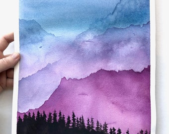 Original Watercolor Painting, Misty Mountain Forest, 11x14, fog, colorful, trees, nursery, wall decor, living room, Pacific Northwest Art