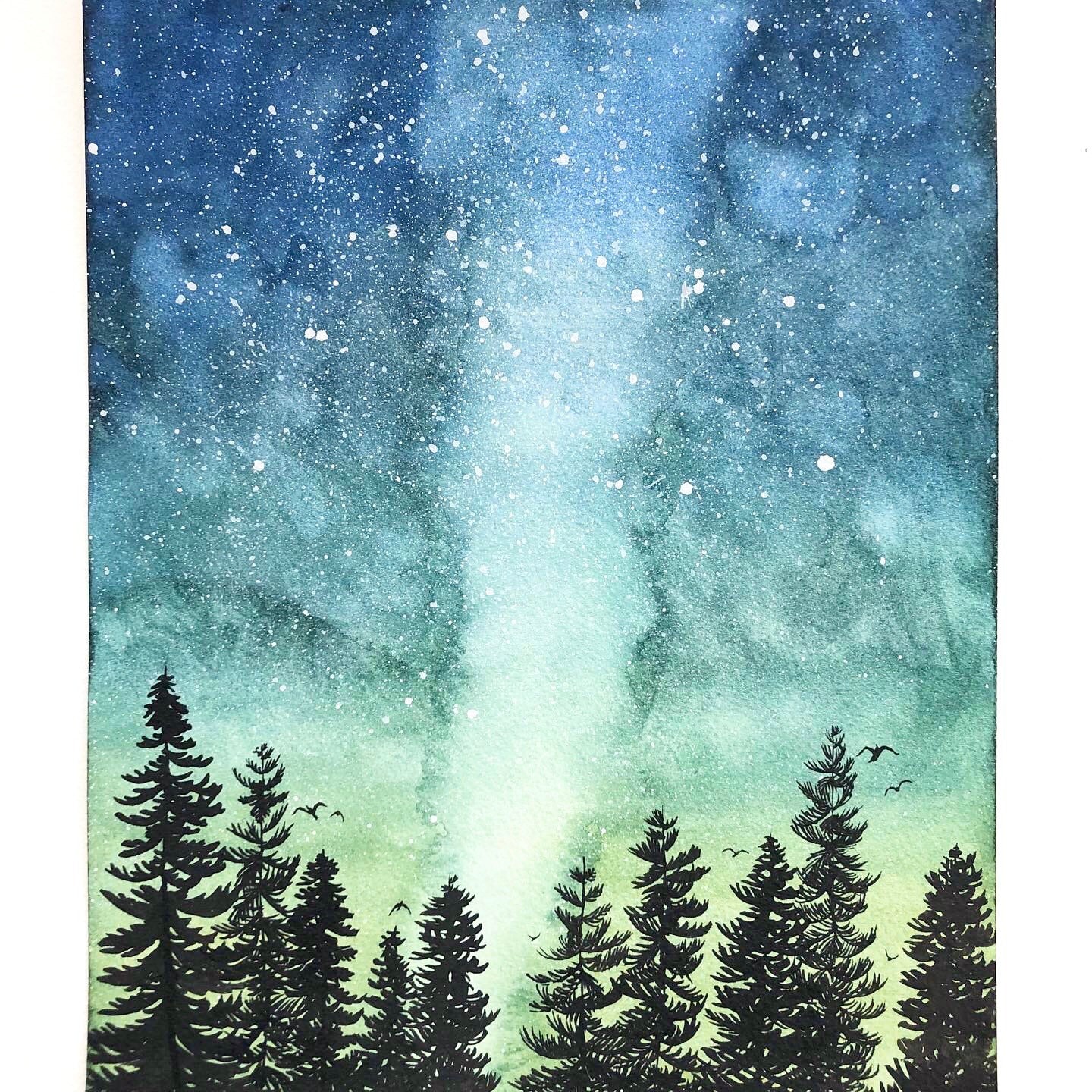 Original Watercolor Painting, Blue Green Night Sky 2, 8x10