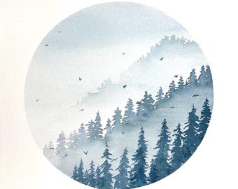 Original Watercolor Painting, Misty Mountain Trees, Pacific Northwest Art, 10x10
