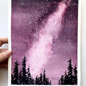 Original Watercolor Painting, Violet Night Sky, 8x10, galaxy, trees, Milky Way, wall decor, living room, Pacific Northwest, landscape