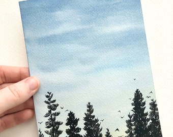 Original Watercolor Painting, Big Sky, 5x7, Pacific Northwest Art, wall decor, mini, nature, trees, landscape painting