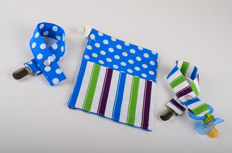 Pacifier Clip Set With Coordinating Drawstring Carry Bag Stripes and