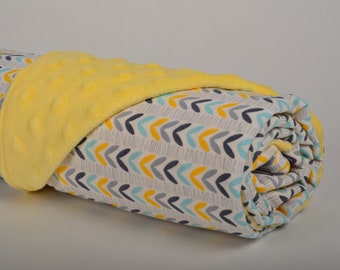 Minky Baby Blanket - Heart Stripe (Gray, Yellow and Aqua) & Yellow Minky