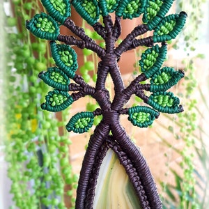 Könnte beinhalten: Ein Makramee-Lebensbaum-Anhänger mit braunem Band und grünen Blättern. Der Anhänger zeigt einen großen, natürlichen Achat-Stein mit braunen, gelben und grünen Bändern.