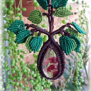 May include: A macrame tree pendant with green leaves and a brown, teardrop-shaped stone with red inclusions.