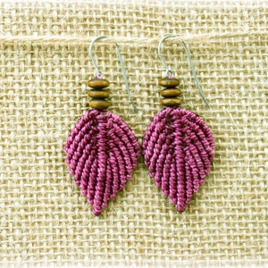 Micro macrame Pinkish Purple Leaf Earrings - Titanium French Hook Earrings - Hypoallergenic Earrings