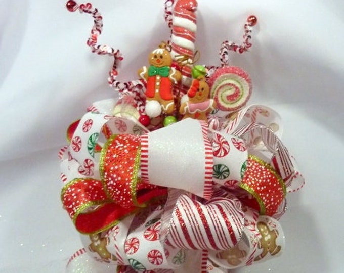 Gingerbread Man Tree Topper, Red and Green Ribbon Tree Topper, Bow Tree