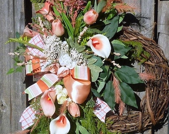 Coral Front door wreath, Summer wreath, Spring Wreaths