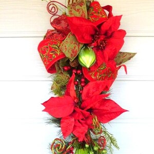 Red and Green Poinsettia Door Swag, Christmas door decorations