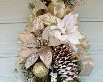 Champagne and White Poinsettia Door Swag, Holiday Door Decorations