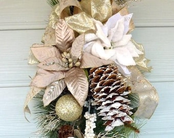 Adornos para puerta con poinsettia en color champán y blanco, decoración navideña para puertas