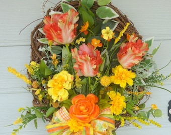 Tulip wreath with orange and yellow Parrot Tulips