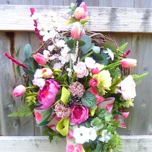 Summer Wreath with Real Touch Tulips and Dark Pink Peonies