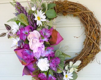 Door decorations, door wreaths in plum, purple, white