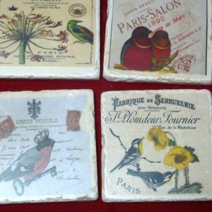 Sous-verres de campagne français, sous-verres en pierre, décor de campagne français, sous-verres oiseau, lot de 4 sous-verres en marbre
