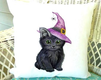 Funda de almohada de gatito de Halloween, almohadas bordadas, fundas de almohada de gato negro