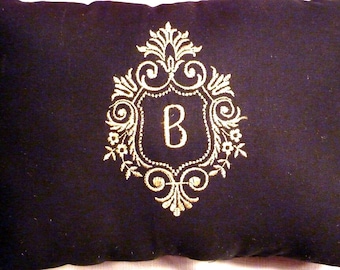Black linen embroidered Gold Monogram Pillow