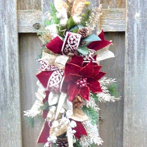 Christmas door décor in Burgundy and Champagne with D Stevens ribbon