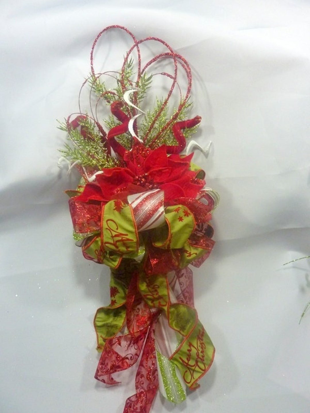 Red and Green Poinsettia Ribbon Tree Topper, Bow Tree Topper Etsy