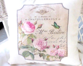 Kussensloop met Frans thema, Frans parfumlabel, roze rozen en groene vlinder