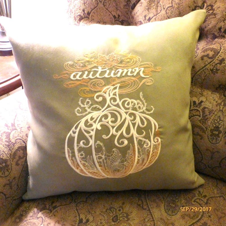 Embroidered Pumpkin Pillow Cover: Sage Green Suede Autumn Decor image 8