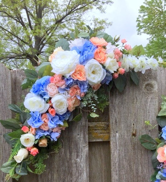 Wedding Arch Flowers Coral Blue And White Rose Swag Wedding Etsy