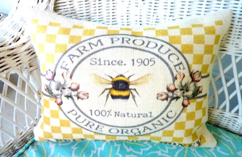 Bee Pillow Cover: Burlap Farmhouse Pillow with Apple Blossom Honey image 4