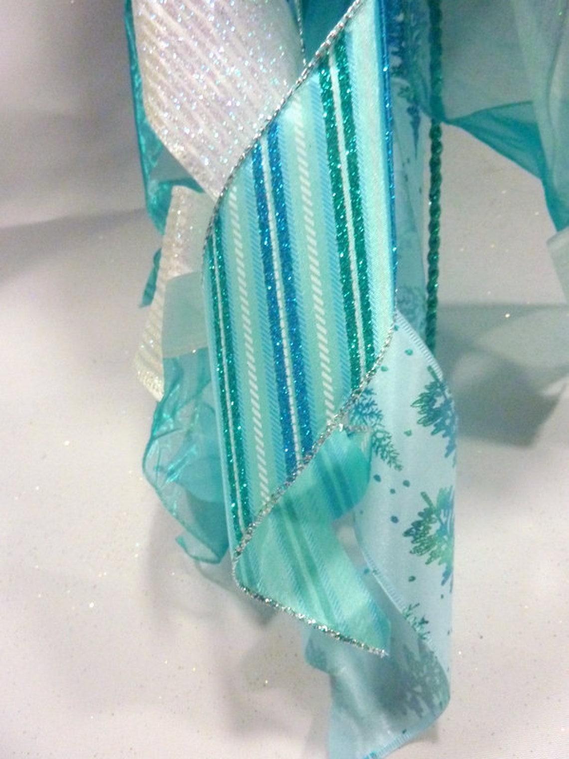 Ribbon Tree Topper Blue Green and White Tree Topper Bow Tree Etsy