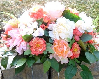 Coral and White Cemetery flowers, memorial flowers