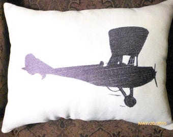 Embroidered Airplane Pillow Cover: Vintage Style Burlap Throw Pillow