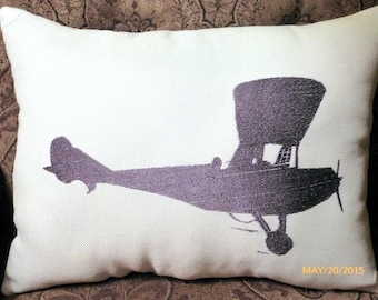 Embroidered Airplane Pillow: White Burlap Accent Throw Pillow