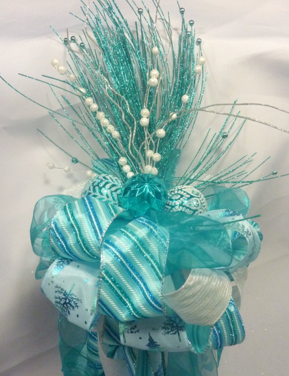 Ribbon Tree Topper Blue Green and White Tree Topper Bow Tree Etsy