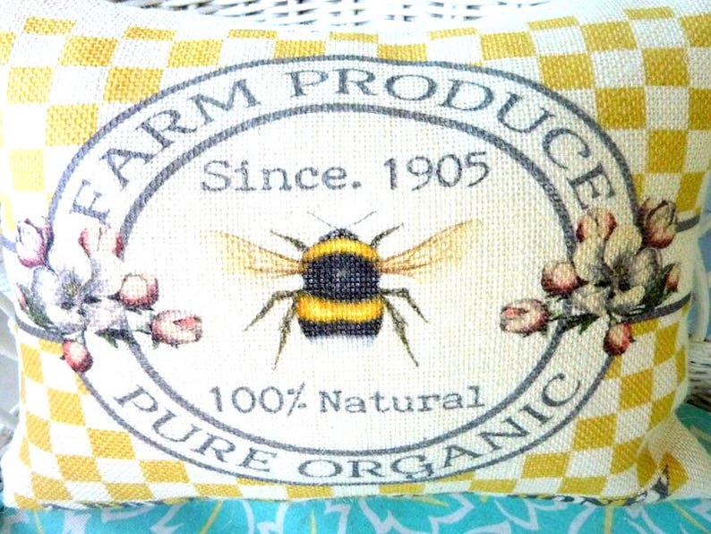 Bee Pillow Cover: Burlap Farmhouse Pillow with Apple Blossom Honey image 3