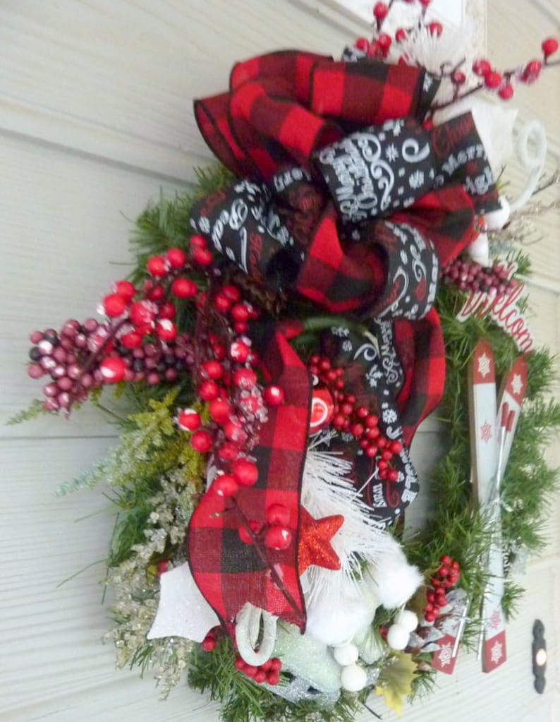 Christmas wreath Red and Black Buffalo plaid Christmas Wreath Christmas Decorations Farmhouse Christmas Decorations