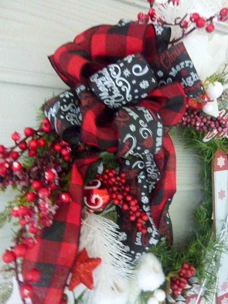 Christmas wreath Red and Black Buffalo plaid Christmas Wreath Christmas Decorations Farmhouse Christmas Decorations