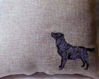 Black Lab embroidered pillow, pillows with dogs, decorative burlap pillow