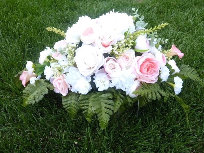 Cemetery flowers in Pink and White, Peony and Rose Grave site spray