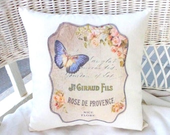 French Country Accent Pillow: Butterfly & Floral Linen Twill
