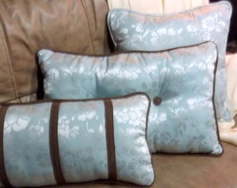 Juego de 3 almohadas de damasco azul claro y marrón