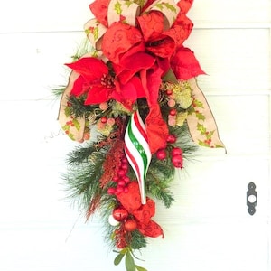 Red Poinsettia Christmas door swag, Holiday Door Decorations