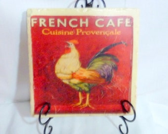 French Country Stone Trivet, Vintage French Cafe Ad with Rooster, French Country Decor