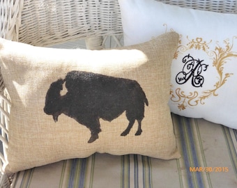 Burlap Buffalo Pillow: Hand-Painted Animal Print Accent Pillow